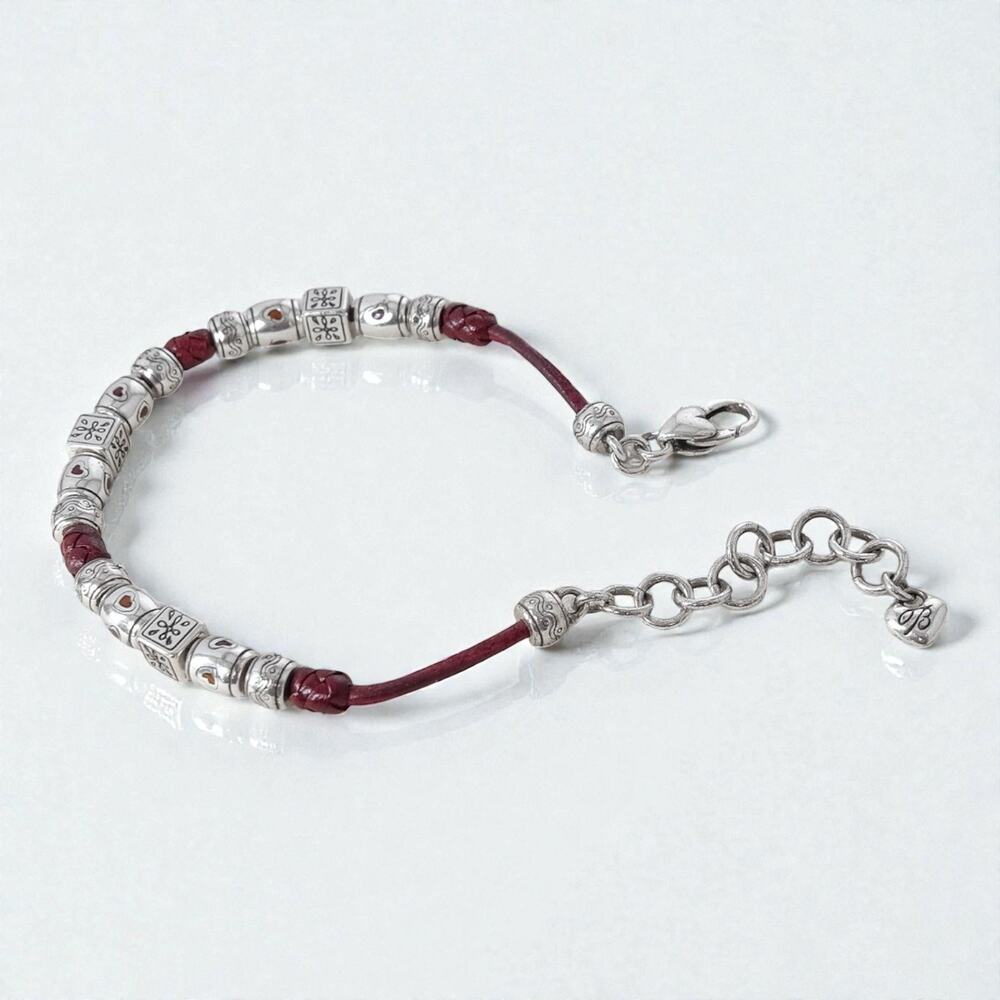 Brighton Burgundy Red Leather Beaded Bracelet Silver Plated Retired 7 to 8.5" - Picture 4 of 5